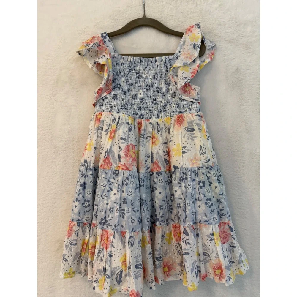 Haute Hippie Kids Floral Tiered Smocked Dress Girls Size 3T Flutter Sleeve Blue